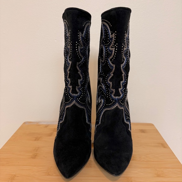 Zara Black Suede Rhinestone High Heel Boots - Picture 2 of 12